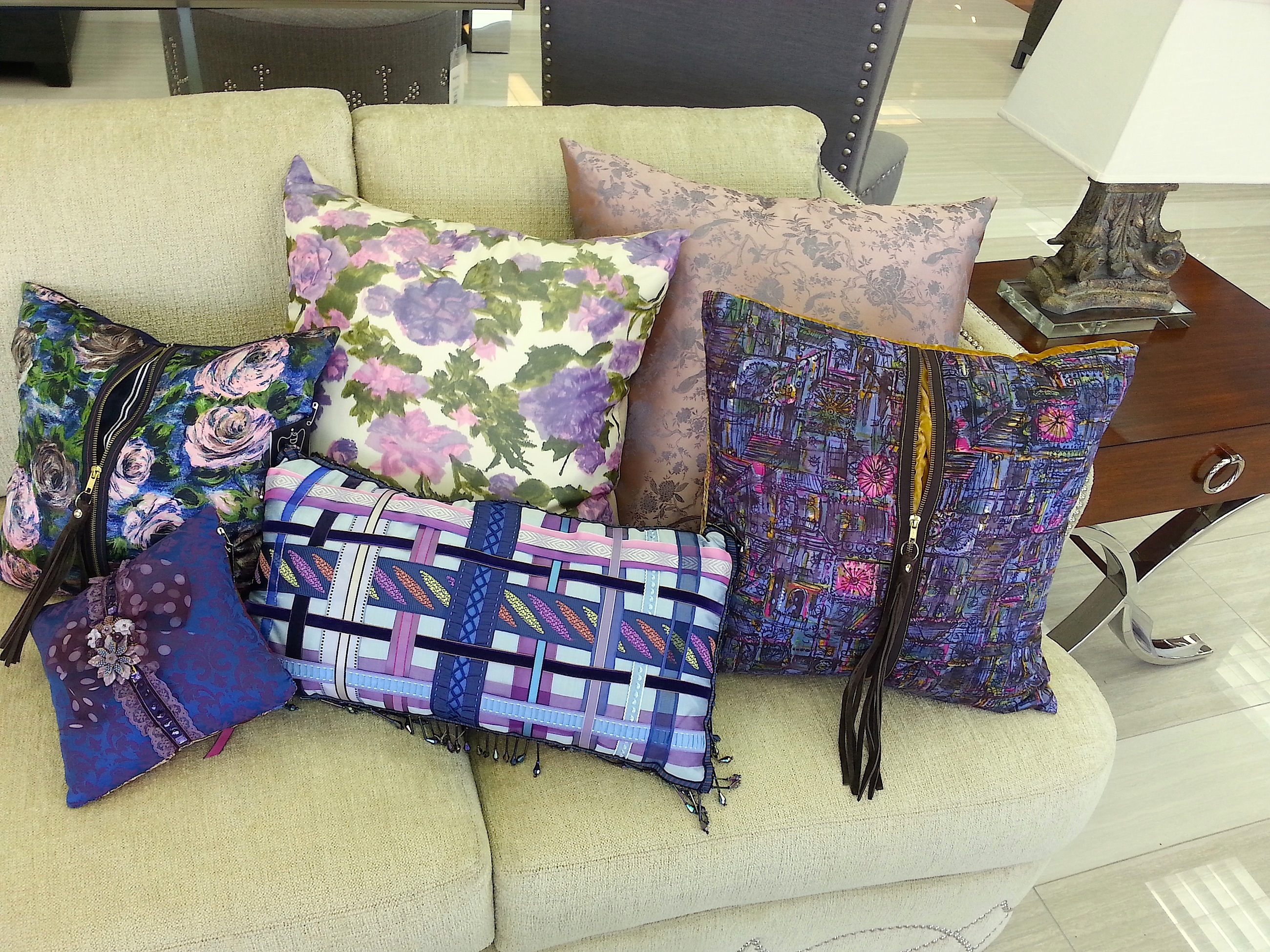 Purple Group, Brooches, Deborah Main Designs, decorative pillows, design, fashion, vintage, textiles, jewelry, luxury, Luxury pillows, The Pillow Goddess