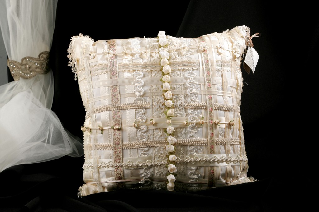 My very first bridal ribbon pillow I showed at the Garden Room's "Open Call" for designers in 2004.