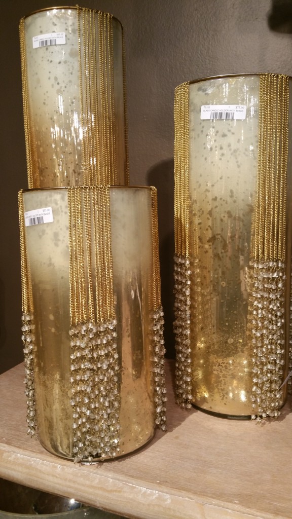 Have always loved these candle holders draped with shiny gold chains by Rojo16. Available at Doris Sanders, Ltd showroom, #531.