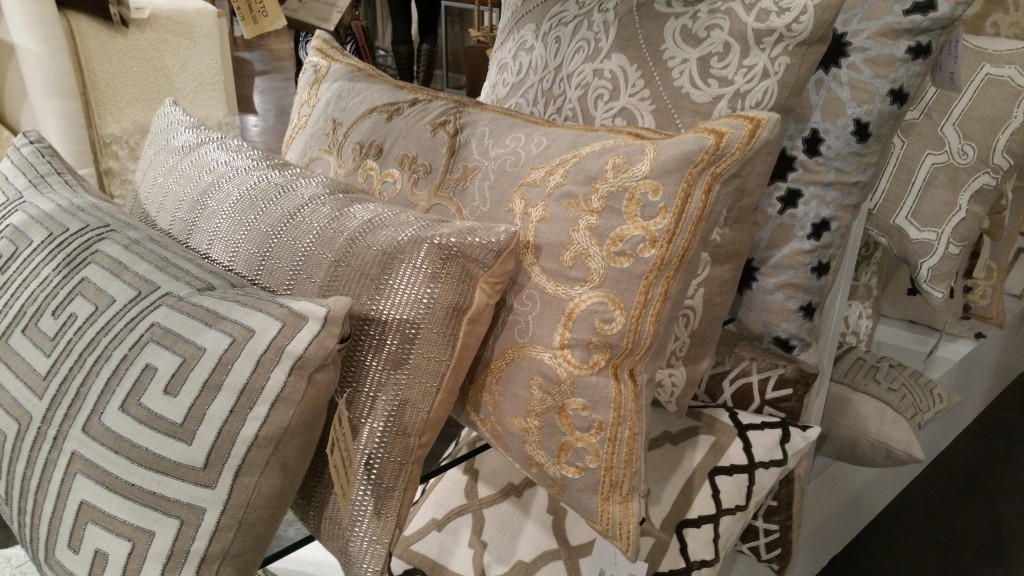 Callisto Home pillows in neutrals and gold metallic,.