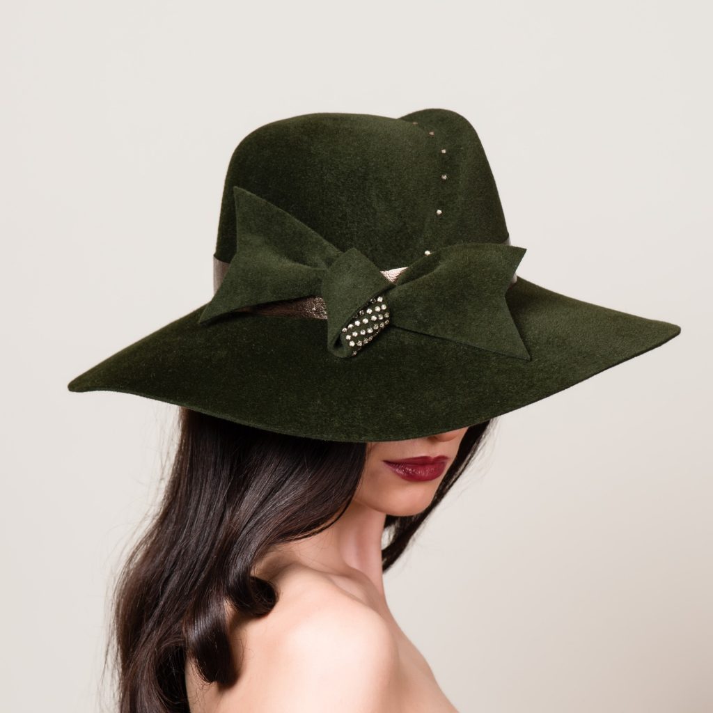 Loden green hat by Milli Starr available in her Winter/Holiday 16 Collection at Spring Frost. Trunk show today, Saturday, 26th, 11 - 5 p.m.