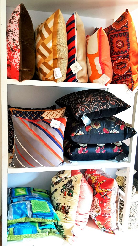 Some fabulous vintage silk designer scarf pillows (not all are available on my website) and other black, gold and red Silken Splendor pillows. Discounted ONLY at my Open Studio this week and next.