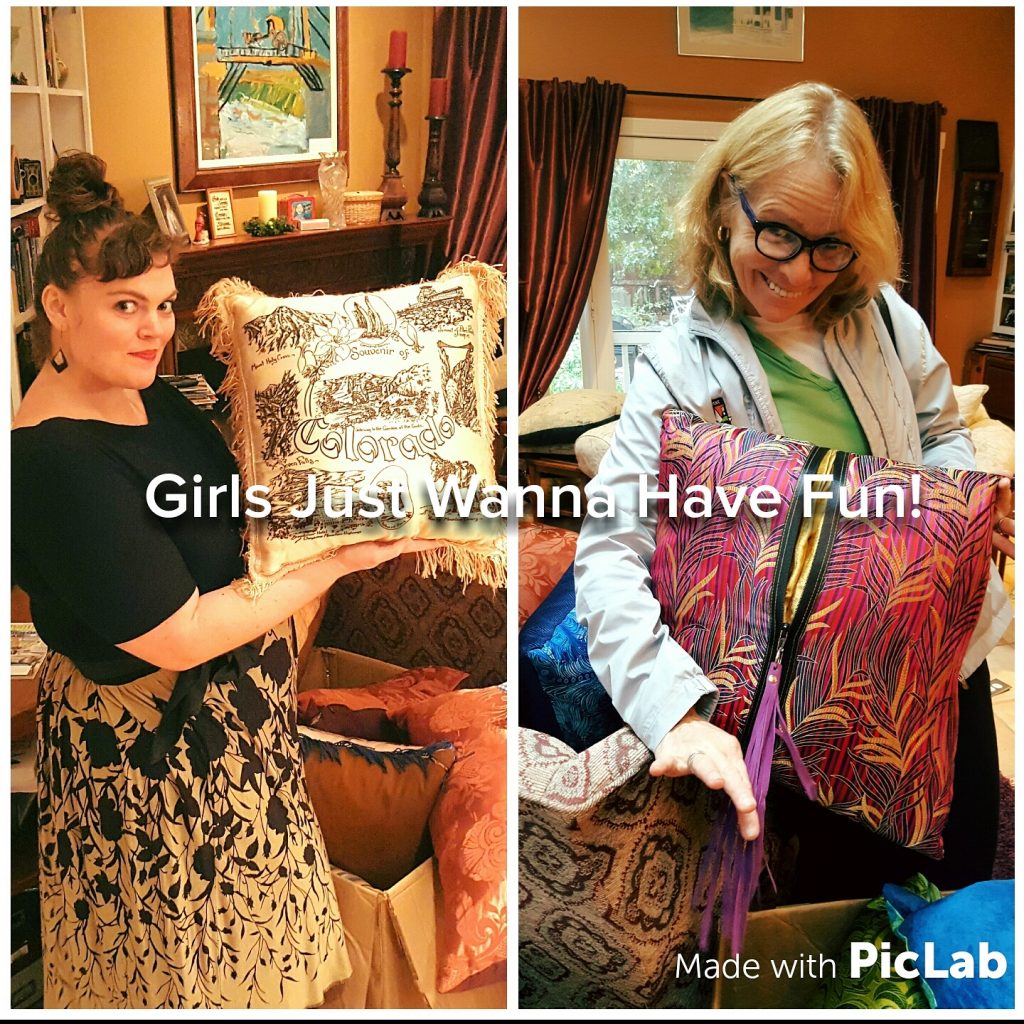 On left, Anslee's pining for Colorado with one of our collectible World Travel pillows made from a vintage state souvenir scarf. On right, June sasses it up with a fuchsia silk brocade pattern on our UnZipped Series. Zip it up. Zip it down. 