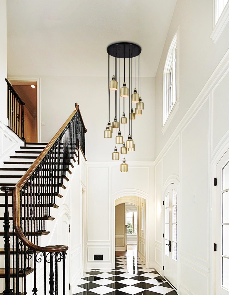 Pendants can be used in any interior, like this majestic foyer.