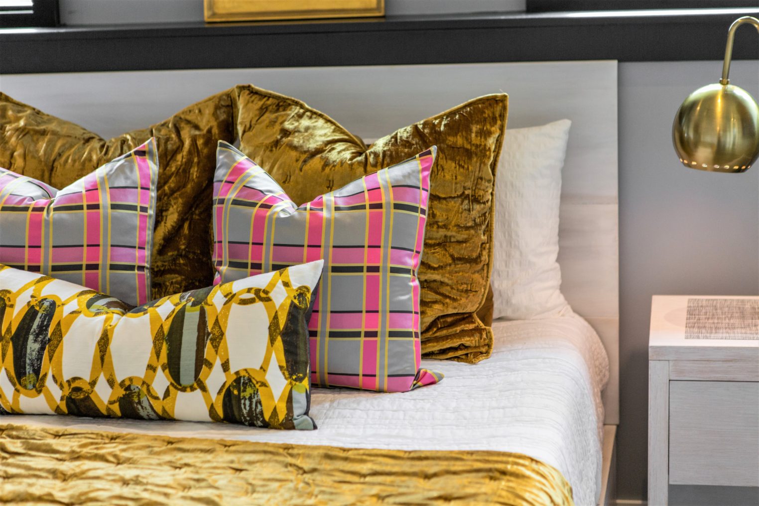 Luxury Deborah Main pillows in staging by Vazzo Spaces. Details on The Pillow Goddess Blog!