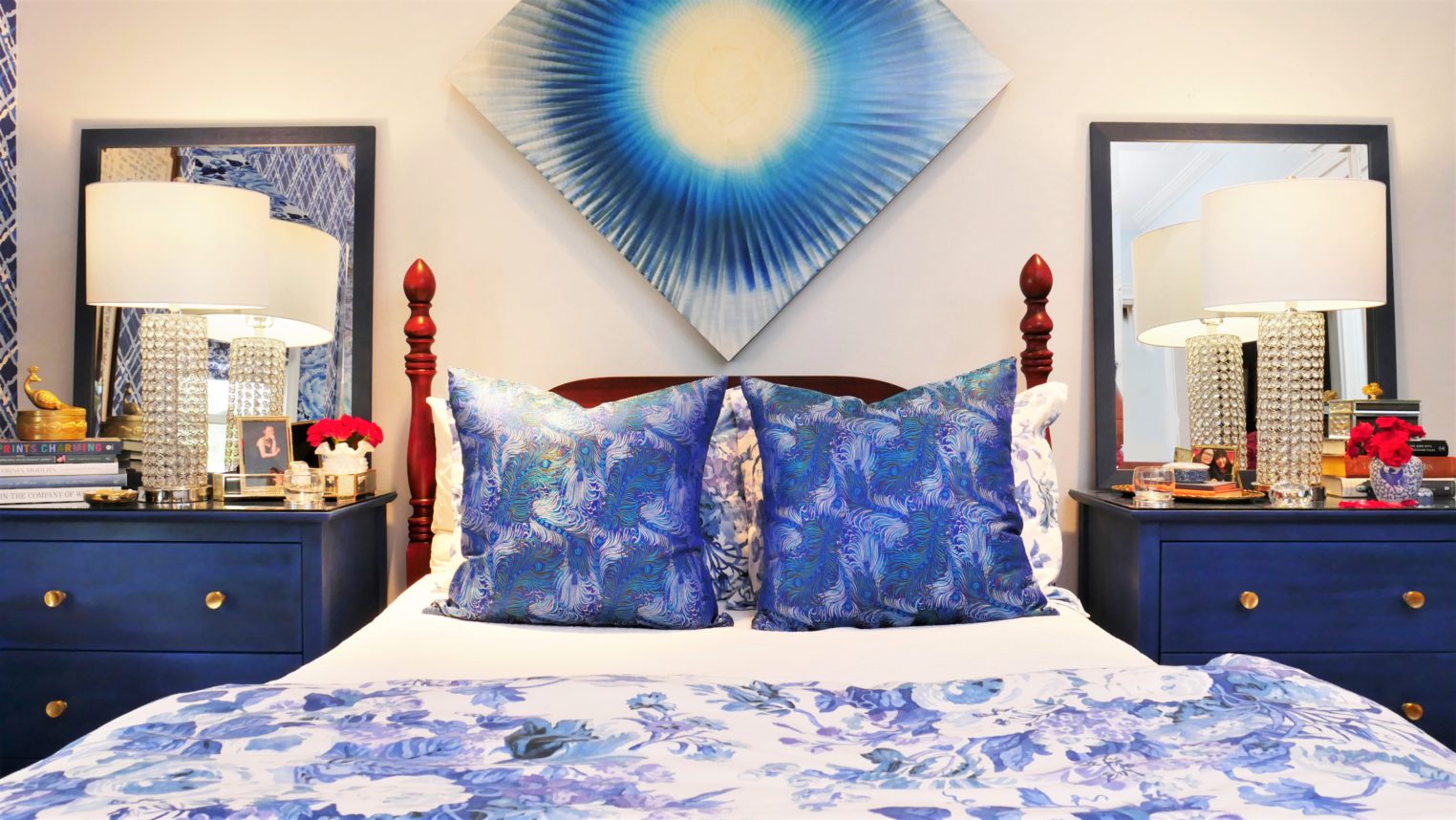 Peacock Alley luxury bedding with Deborah Main pillows and Roi James painting. Details on The Pillow Goddess Blog!