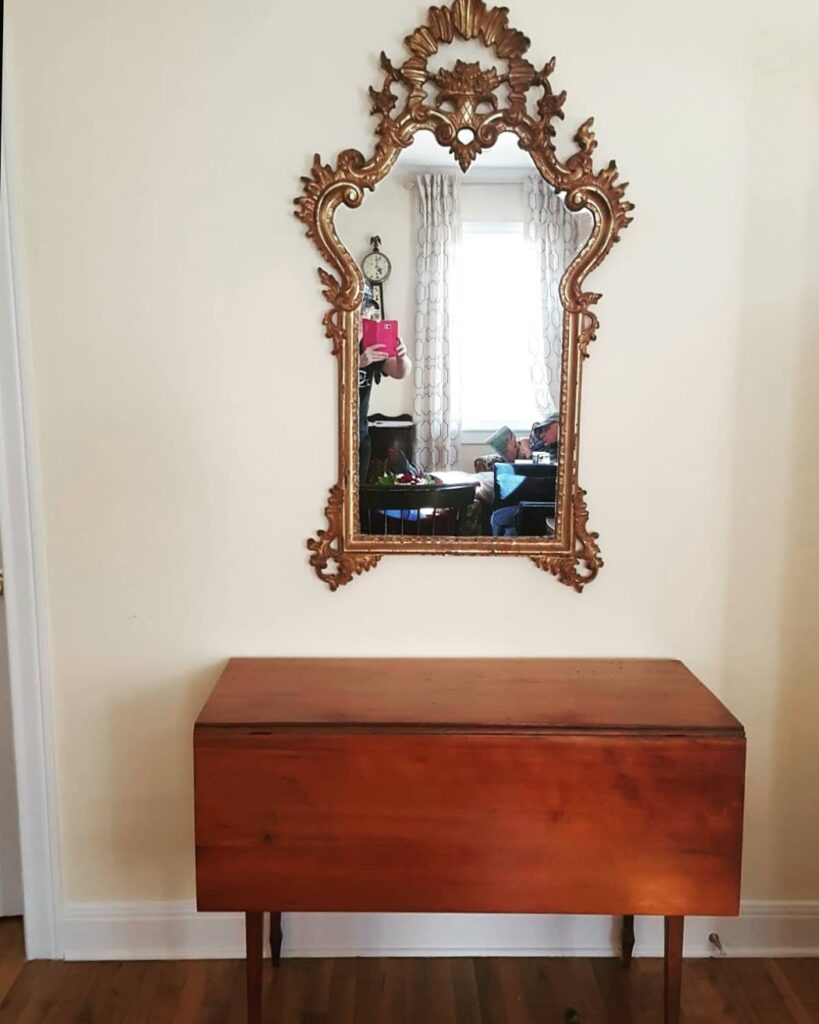 Gold mirror in before image - on The Pillow Goddess blog!