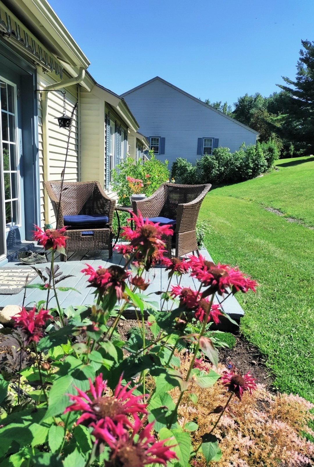 Best friend's small deck and beautiful flower garden, Shelburne, Vermont